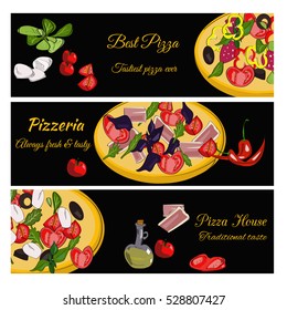 Pizzeria design template. Horizontal vector banners set. Pizza restaurant menu.