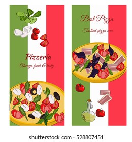 Pizzeria design template. Vertical vector banners set. Pizza restaurant menu.