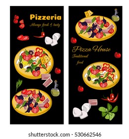 Pizzeria design template. Vertical vector banners set. Pizza restaurant menu.