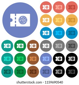 Pizzeria discount coupon multi colored flat icons on round backgrounds. Included white, light and dark icon variations for hover and active status effects, and bonus shades on black backgounds.