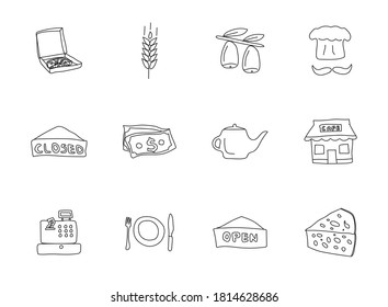 pizzeria doodles isolated on white. pizzeria icon set for web design, user interface, mobile apps and print