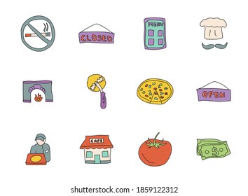 pizzeria doodles isolated on white. pizzeria icon set for web design, user interface, mobile apps and print