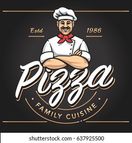 Pizzeria emblem design with smiling chef. Pizzeria vector logo template on black background. Vector emblem for cafe, restaurant or food delivery service.