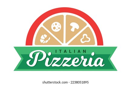 Pizzeria emblem with shrimp, sausage, mushroom and pepper which can be used as emblem for pizzeries or as a menu for restaurants. Vector illustration. Stiker. Icon.