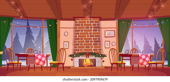 Pizzeria or family cafe with Christmas decor, burning fireplace, garlands and wide windows with winter forest landscape. Cafeteria with rustic wooden tables and chairs, Cartoon vector illustration