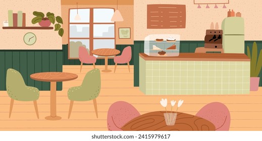 Pizzería o cafetería familiar con postres, fondo interior. Cafetería vacía con escritorio de cajero, mesas y sillas de madera de estilo moderno, ilustración vectorial de dibujos animados del bar con barra