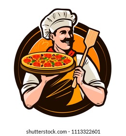 Pizzería, logo o etiqueta de comida rápida. Feliz chef llevando pizza y scapula en manos. Ilustración del vector