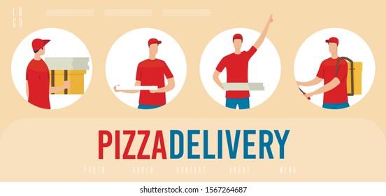 Pizzeria, Fast Food Restaurant Pizza Delivery Service Trendy Flat Vector Advertising Web Banner, Landing Page Template with Deliveryman, Male Courier in Uniform Delivering Clients Orders Illustration