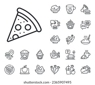 Pizzeria food sign. Crepe, sweet popcorn and salad outline icons. Pizza slice line icon. Fast food symbol. Pizza line sign. Pasta spaghetti, fresh juice icon. Supply chain. Vector