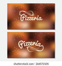 Pizzeria hand drawn lettering logo. Spin the dough into the air on the blurred vector background