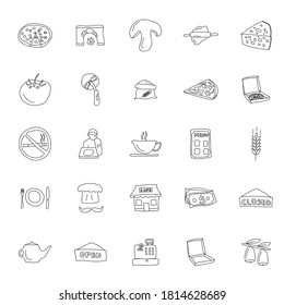pizzeria hand drawn linear doodles isolated on white background. pizzeria icon set for web and ui design, mobile apps and print products