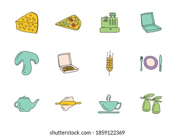 pizzeria hand drawn linear vector icons isolated on white background. pizzeria doodle icon set for web and ui design, mobile apps and print products