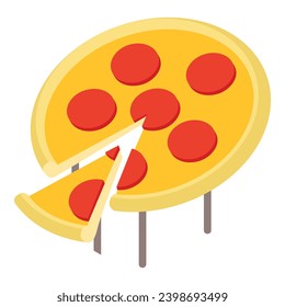 Pizzeria icon isometric vector. Image of sliced pizza with sausage and cheese. Pizza place advertisement, fast food concept