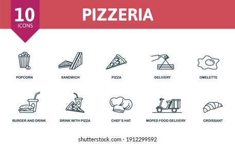 Pizzeria icon set. Collection contain donuts, omelette, popcorn, sandwich, pizza and over icons. Pizzeria elements set.