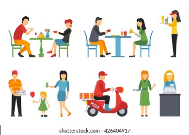 Pizzeria icons set. People in a flat interior. Pizza conceptual web vector illustration. 