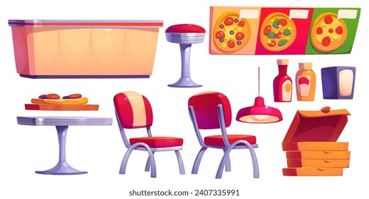 Pizzeria interior furniture and equipment. Cartoon vector set of pizza restaurant room elements - table and chairs, bar counter and stool, food and sauces, stack of cardboard boxes for delivery.
