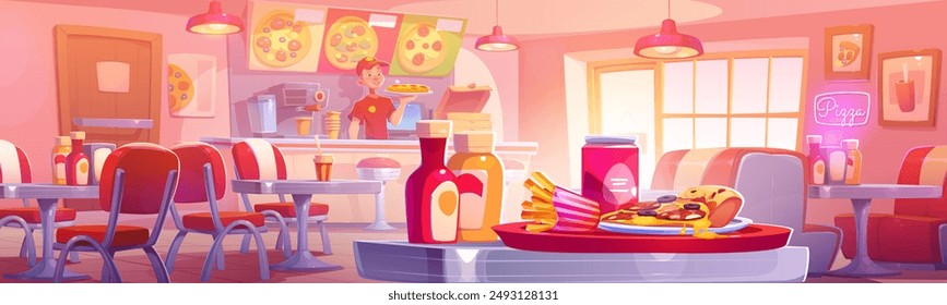 Pizzeria Interieur mit heißen leckeren Pizza, Pommes und Soda-Getränk in Dose auf dem Tisch und junger Mann Kassierer an der Bar-Theke. Cartoon-Vektorillustration des italienischen Fast-Food-Restaurants oder Cafés.