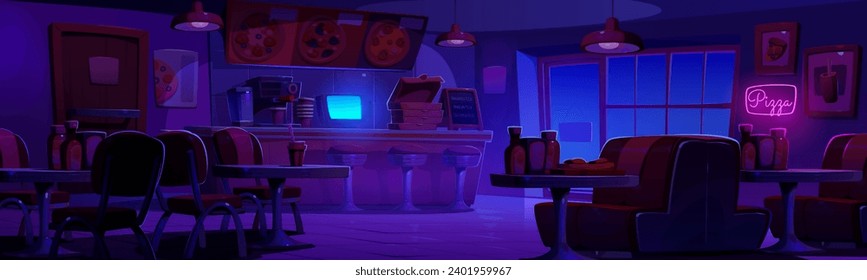 Pizzeria interior at night with furniture and equipment. Dark closed empty pizza restaurant room with tables and chairs, stack of cardboard boxes for delivery on bar counter and stool, food and drinks