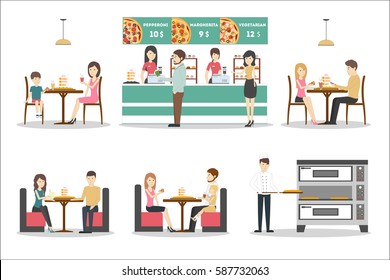 Pizzeria interior set with visitors on white background. People eat pizza and drink milkshakes. Chefs baking new pizza.