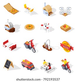 Pizzeria isometric set with product in packaging, ovens, tables for visitors, courier, delivery drone isolated vector illustration