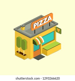 Pizzeria. Italian food design background. Pepperoni neon sign. Pizza logo, label, element. Pizzeria, italian food, snack. Isometric