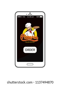 Pizzeria Italian recipes application on white smartphone screen, order online pizza service delivery, smiling chef wearing uniform vector illustration