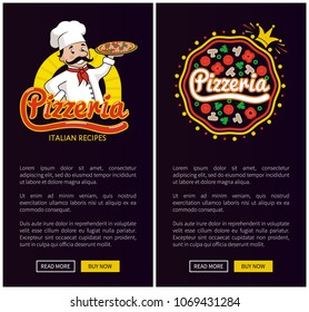 Pizzeria Italian recipes set of pages with emblems of pizzerias, text sample, headlines and buttons, online sites for orders, vector illustration