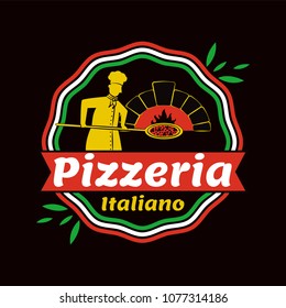 Pizzeria Italiano promo emblem with cook in uniform and old cooker. Nice place with tasty pizza commercial logotype isolated vector illustration
