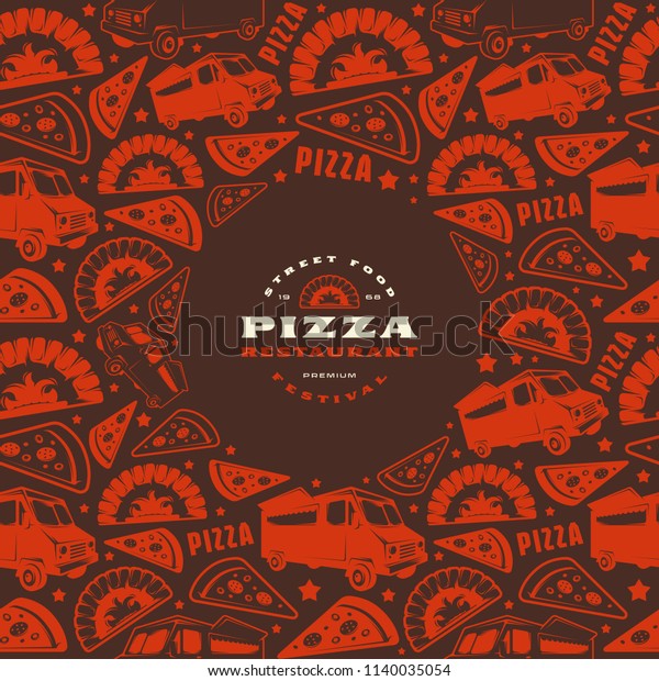 Pizzeria label and frame with pattern. Print\
on dark brown\
background