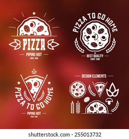 Pizzeria labels, badges and design elements. White print on a blurred background