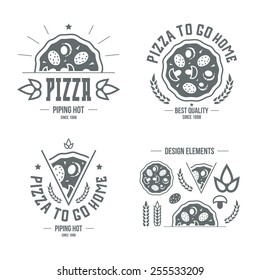 Pizzeria labels, badges and design elements. Grey print on a white background