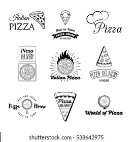 Pizzeria labels, badges and design elements. Grey print on a white background. Vector illustration