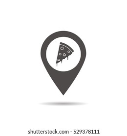 Pizzeria location icon. Drop shadow map pointer silhouette symbol. Pizza cafe and restaurant pinpoint. Vector isolated illustration