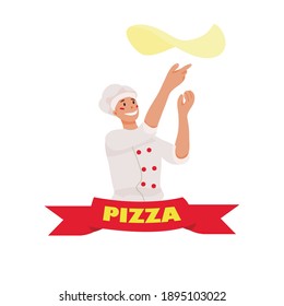 pizzeria logo with a chef spinning the dough. tape with the PIZZA inscription. logo for the business of cafes and restaurants, a sticker on the products. mascot. vector flat. isolated.
