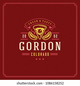 Pizzeria logo design vector illustration. Pizza slice silhouette, good for restaurant menu and cafe badge. Vintage typography logotype template.