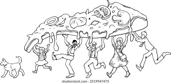 Pizzeria logo. Line drawing for pizzeria design. Cheerful people carrying a big slice of pizza. Happy people together. Food unites people. Big family, friendly neighbors and friends. Fun snack.