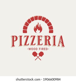 Pizzeria logo with oven shovel. Wood fired pizza on white background