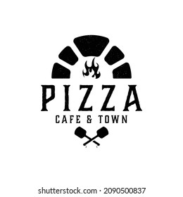 Pizzeria logo with oven shovel. Wood fired pizza on white background