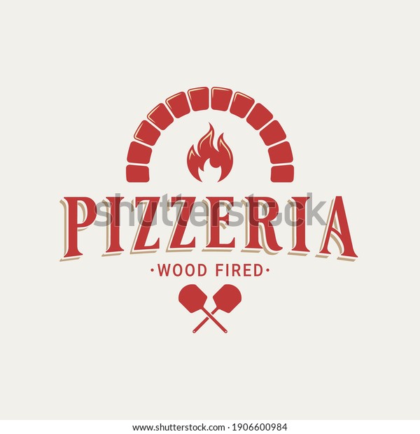 Pizzeria logo with oven shovel. Wood fired\
pizza on white\
background