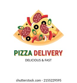 Pizzeria logo with pizza delivery. Slice of pizza with sausage. Vector stock illustration