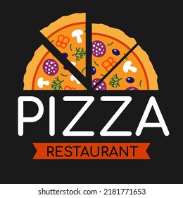 Pizzeria logo template. Pizza vector emblem on a chalkboard. Vector emblem for fast food, food delivery service, restaurant or cafe.