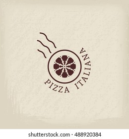 Pizzeria logo template with text Italian pizza in Italian. Vector emblems for restaurants, cafe, Italian Cuisine or pizza delivery