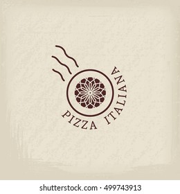 Pizzeria logo template with text Italian pizza in Italian. Vector emblems for restaurants, cafe, Italian Cuisine or pizza delivery