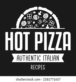 Pizzeria logo template. Vector emblem for fast food, cafe, food delivery service or restaurant. Pizza vector emblem on a chalkboard.