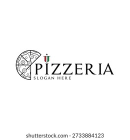 Concepto de diseño de Vector de logotipo de pizzería con ícono de pizza y bandera italiana