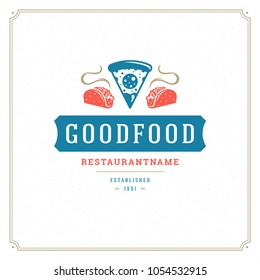 Pizzeria logo vector illustration. Pizza silhouette, good for restaurant menu and cafe badge. Vintage typography emblem design.