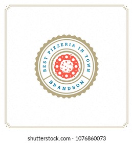 Pizzeria logo vector illustration. Pizza silhouette, good for restaurant menu and cafe badge. Vintage typography emblem design.