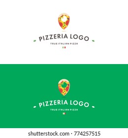 Pizzeria logo vector template with colour options isolated on the light and green background. True Italian pizza. Pizza as pin 