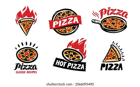 Pizzeria logos, labels. Italian cuisine restaurant of cafe. Set of vector badges with pizza