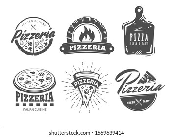 Pizzeria logos. Set of vector badges with pizza, full and slices. Labels for trattoria, pizzeria, Italian cuisine restaurant of cafe.